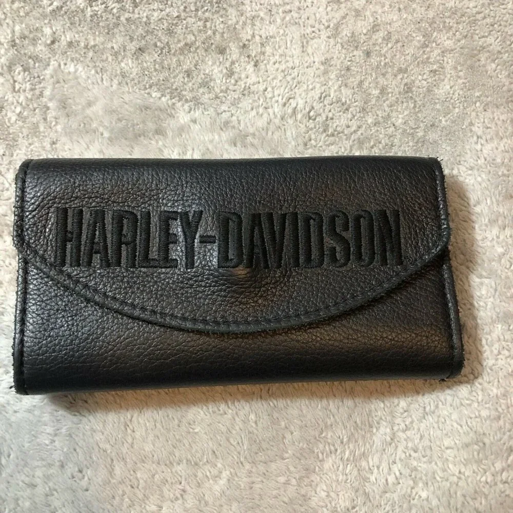 Vintage HARLEY DAVIDSON Biker Black Leather Large Trifold Wallet Embroidered